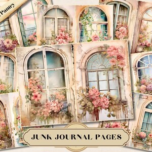May include: A set of 10 digital printable junk journal pages featuring watercolour illustrations of arched windows with floral accents. The pages are designed to be printed and used in a junk journal or other paper crafts.