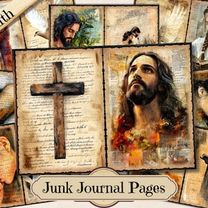 Faith Junk Journal-pagina's, christendom afdrukbare efemere verschijnselen, Jesus Christian-collageblad scrapbooking, achtergrond mixed media-pagina's ATC