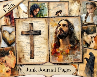 Printbare pagina's voor een christelijk bloemendagboek, christelijke Bijbelversieringen, pagina's voor een geloofsdagboek met mixed media collage (JPG).