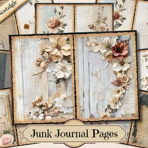 Shabby Chic Nostalgic Junk Journal, oude bloemen afdrukbare efemere verschijnselen, vintage bloem scrapbooking collageblad, achtergrond pagina's met gemengde media