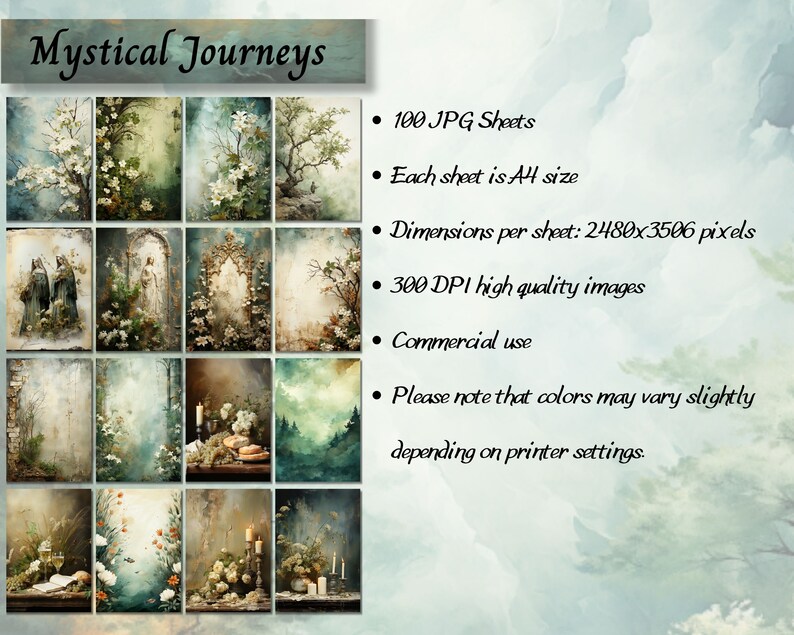May include: A digital download of 100 high-quality images, each measuring 2480 x 3506 pixels, perfect for commercial use. The images are in a mystical theme with a soft, dreamy aesthetic.