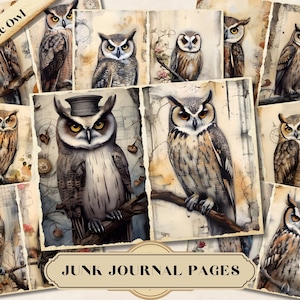 Mystische Eule Junk Journal Seiten Kit, digitale Mischtechnik, Vintage druckbare Ephemera, Scrapbooking Collage, wählerischer Schnitt, Tiervogel ATC Karte