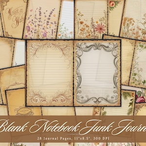 Pode incluir: Uma coleção de páginas de diário em estilo vintage com designs de bordas florais e ornamentados. As páginas são pautadas e apresentam uma aparência envelhecida e desgastada. O texto "Blank Notebook Junk Journal" é exibido na parte inferior, com detalhes das páginas e tamanho (28 cm x 21.6 cm).