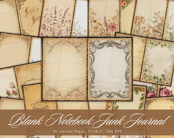May include: A collection of vintage-style journal pages with floral and ornate border designs. The pages are lined and feature a distressed, aged appearance. The text "Blank Notebook Junk Journal" is displayed at the bottom, along with page and size details.