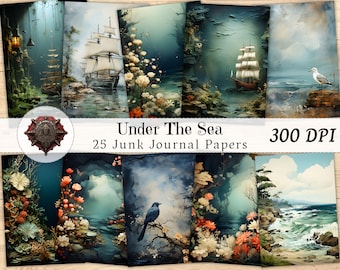 May include: A set of 25 digital papers featuring a nautical theme with images of ships, birds, flowers, and seascapes. The papers are 300 DPI and are perfect for junk journaling, scrapbooking, and other creative projects.
