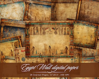 Könnte beinhalten: Ein digitales Papierpaket mit 28 Seiten im ägyptischen Stil. Die Seiten sind mit Hieroglyphen, Säulen und Figuren in warmen Braun-, Gold- und Blautönen verziert. Der Text "Egypt Wall digital paper" und "28 Journal Pages, 11"x8.5", 300 DPI" ist auf dem Bild enthalten.