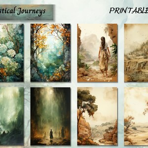 May include: A set of six printable images featuring mystical landscapes. The images include a woman walking through a forest, a castle on a cliff, a waterfall, a forest path, a canyon, and a field of flowers.