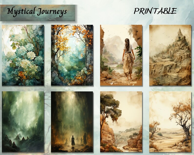 May include: A set of six printable images featuring mystical landscapes. The images include a woman walking through a forest, a castle on a cliff, a waterfall, a forest path, a canyon, and a field of flowers.