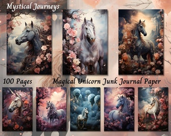 Magical Unicorn Junk Journal Kit, Shabby Chic Ephemera Pages, Printable Scrapbook Collage, Digital Journaling Paper