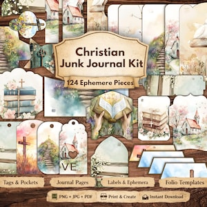 May include: A collection of Christian-themed junk journal kit ephemera. The kit includes tags, pockets, journal pages, labels, and folio templates. The design features watercolor illustrations of churches, crosses, books, and floral elements. The text on the image reads "Christian Junk Journal Kit" and "124 Ephemere Pieces."