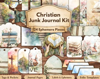 Zestaw 124 chrześcijańskich śmieci do druku, zestaw pamiątek religijnych w stylu vintage, artykuły do dziennika śmieci, karty z kieszonkami i kartkami z wersetami biblijnymi