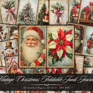 Vintage kerst opvouwbaar junkjournaalpapier, Aged Xmas Santa afdrukbare ephemera, sneeuw Shabby Chic collageblad collage, achtergrondpagina