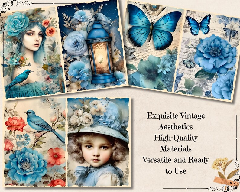 Blue Floral Junk Journal Pages Vintage Shabby Chic Ephemera Printable ...