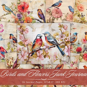 Diario basura con pájaros y flores, efímera imprimible vintage de primavera con pájaros y flores, collage digital de acuarela con estilo shabby chic.