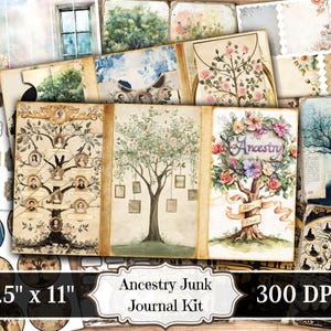 Kit de diário de sucata Ancestry, itens vintage para impressão, folhas de colagem para scrapbooking de árvore genealógica de DNA envelhecido, páginas de mídia mista de fundo ATC