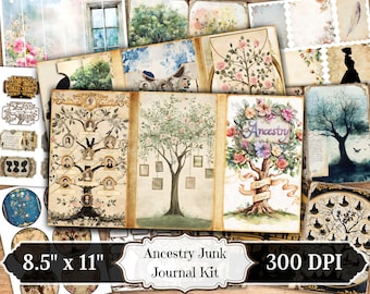 May include: A collection of vintage-style journal kit elements. The kit includes pages with tree illustrations, family tree charts, and floral accents. The text "Ancestry Junk Journal Kit" is displayed, along with the dimensions 8.5" x 11" and 300 DPI.