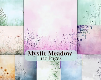 Zestaw do dziennika „Mystic Meadow Junk Journal” do druku, zestaw pamiątek vintage, 120 artykułów do dziennika „Junk Journal”, kieszonki na karty z kwiatowymi etykietami, strony do dziennika „Junk Journal”