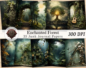 Papier do notatnika Enchanted Forest Junk w formacie JPG, Nature Vintage Digital Shabby Chic, do druku, do scrapbookingu