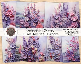 Lavender Blooms Junk Journal Pages, Flower Shabby Chic, Floral Printable Ephemera, Mixed Media, Journaling Collage Kit, Fussy Cut, ATC Cards