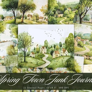 Spring Town Junk Journal Pages, Watercolor Countryside Ephemera, Botanical Nature Printable Scrapbook Paper Kit