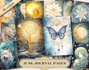Celestial Junk Journal Kit, Moonlight Astrology Printable Ephemera,Mystical Moon Grunge Scrapbook Collage Sheet, Vintage Lunar Space Paper