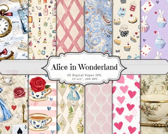 Alice im Wunderland 30 vintage Scrapbook Papiere, Digital Paper Pack, 30 beunruhigte Fantasy Hintergründe, Sofort Download, kommerzielle Nutzung