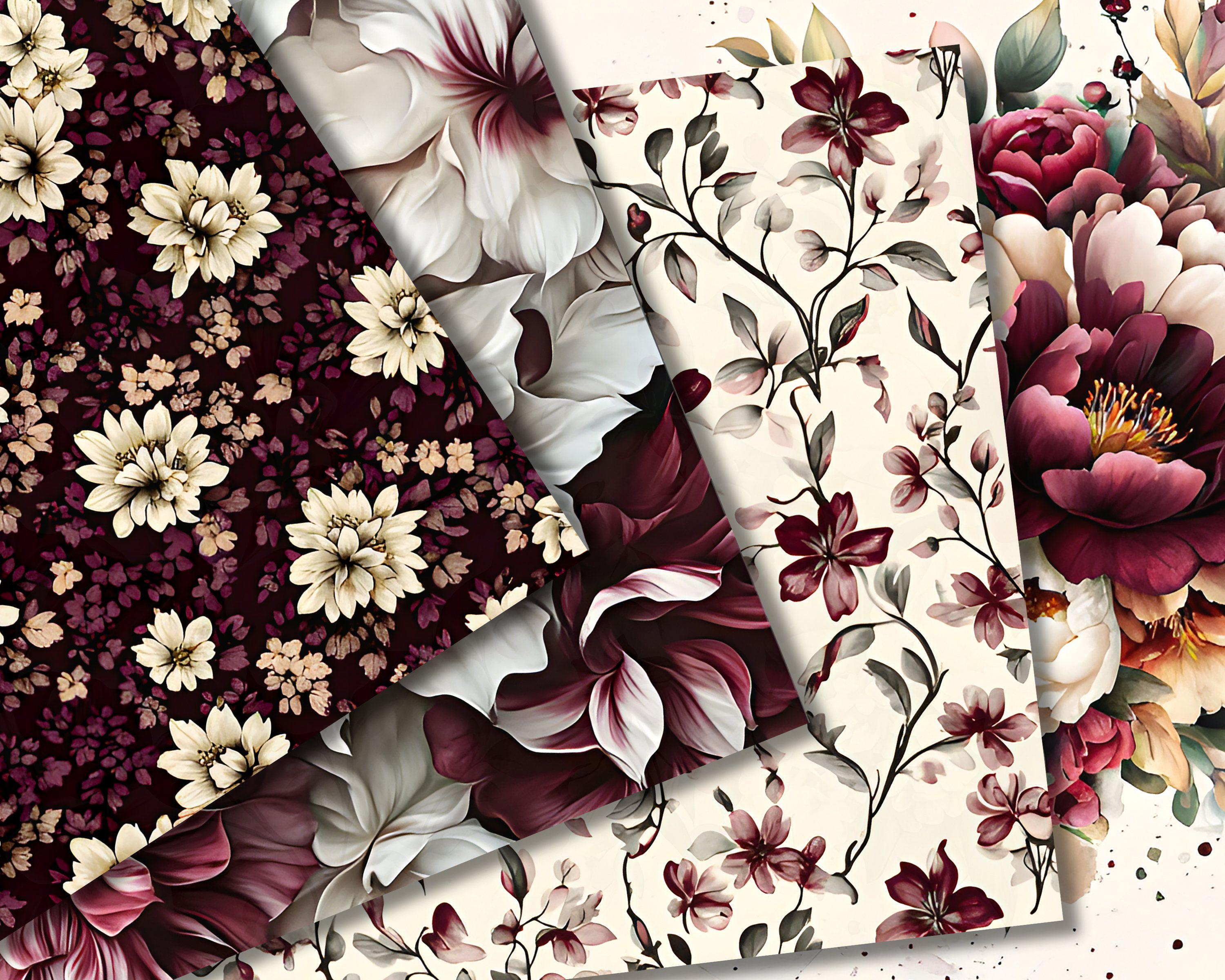 Burgundy Floral Digital Paper, Dark Red Floral Junk Journal, Flower ...
