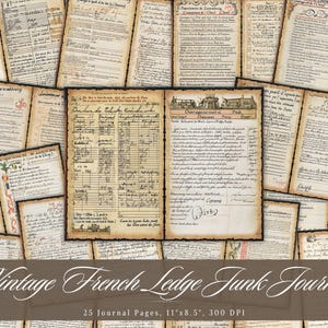 Vintage Franse grootboekpagina's, oud briefpapier Afdrukbare ephemera, oude textuur geschreven scrapbooking collageblad, achtergrond Mixed Media