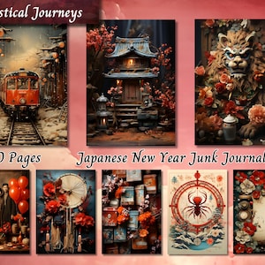 Japans nieuwjaarsdagboek, Aziatische bloem Afdrukbare efemere verschijnselen, vintage shabby chic papier, collageblad bloemen plakboek, achtergrondpagina