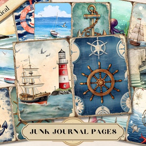 Papel de diário de lixo náutico, coisas efêmeras imprimíveis do oceano vintage, álbum de recortes de navio marítimo digital, folha de colagem subaquática, mídia mista de fundo
