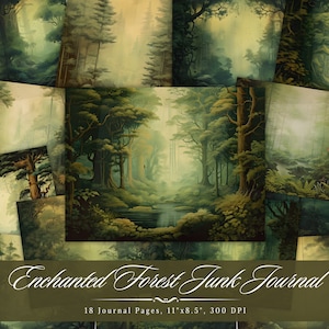 Enchanted Forest Junk Journal Pages, Printable Digital Papers for Scrapbooking, Vintage Ephemera, Green Gold Whimsical Fantasy Art