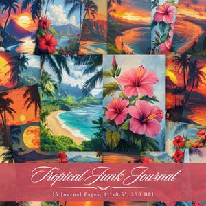 Tropical Junk Journal Paper, Hawaii Travel Vintage Vacation Printable Ephemera, Hula Girls Beach Floral Scrapbook Collage, Background Sheet
