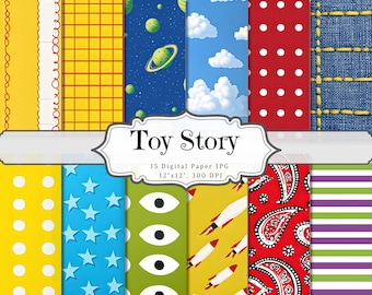 Toy Story Digital Paper Pack – 15 Printable 12x12 Scrapbook Sheets with Buzz & Woody – Instant Download Party Decor, Commercial Use
