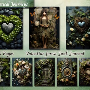 Papel de diario basura de bosque de San Valentín, efímeras botánicas imprimibles de la naturaleza, hoja de collage de álbum de recortes de amor por las plantas vintage, página de fondo ATC