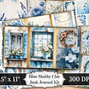 Kit per diario spazzatura Shabby Chic blu, effimeri stampabili con acquerello floreale, foglio collage per scrapbooking floreale, pagine con sfondo per tecniche miste ATC