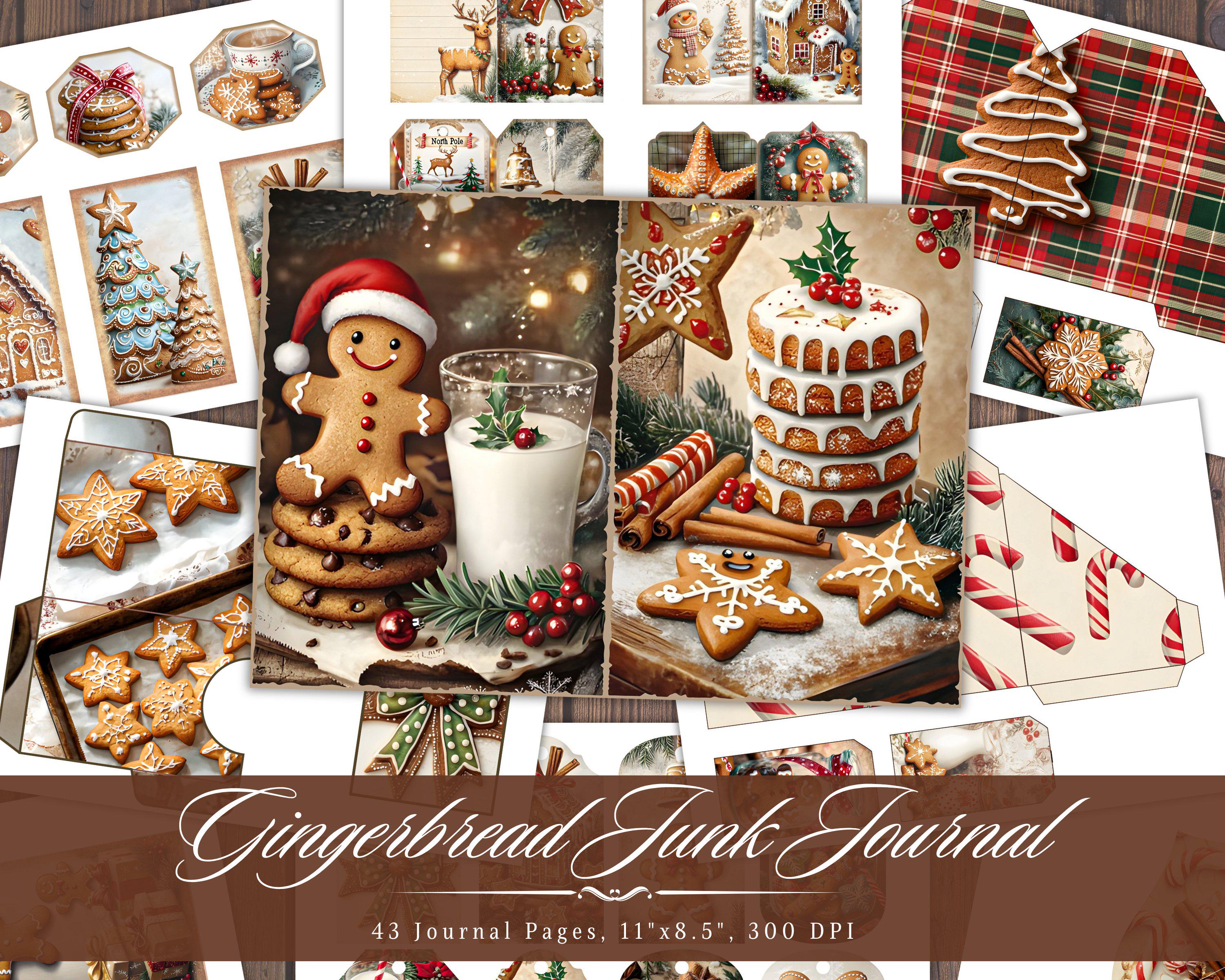 Gingerbread Junk Journal Paper, Vintage Christmas Cookie Printable Ephemera, Holiday Festive Scrapbook Collage Sheet, Background Mixed Media