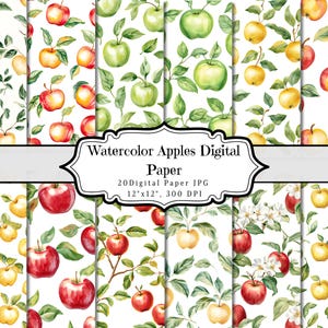 Watercolor Apples Digital Paper, Apple Printable Ephemera Seamless Pattern, Vintage Scrapbooking Collage Sheet, Background Mixed Media Pages