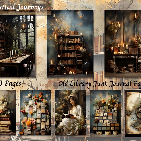 Old Libraries Junk Journal Paper Kit, Homemade Ephemera Journal, Shabby Chic Page, Scrapbook Collage Supplies, Vintage Books Background JPG