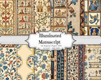 Illuminated Manuscript Digital Paper | Printable Medieval Junk Journal Pages | 16 JPG Instant Download | Commercial Use Scrapbooking Kit