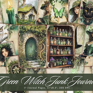 Green Witch Junk Journal Pages, Vintage Witchy Printable Ephemera, Aged Herbal Scrapbooking Collage Sheet, Background Mixed Media Paper ATC