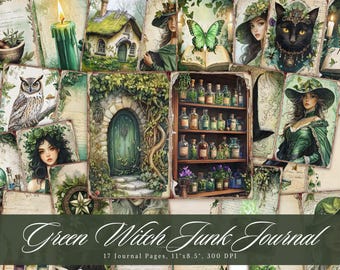 Kit de diario creativo de bruja verde, páginas de efímeros herbales vintage, juego de papel para collage imprimible de bruja de la naturaleza (descarga digital)
