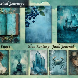 Blue Fantasy Junk Journal Paper, Watercolor Blue Floral Printable Ephemera, Vintage Scrapbook Collage Sheet Page, Background Mixed Media ATC