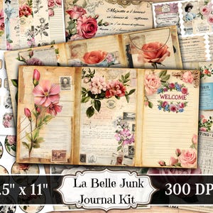 Kit de journal indésirable La Belle, éphémères imprimables shabby chic vintage, feuille de collage floral scrapbooking, papier technique mixte de fond ATC
