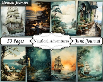 May include: A collage of images featuring nautical themes, including ships, lighthouses, and seascapes. The collage is titled "Mystical Journeys" and "Nautical Adventures" and includes the text "Junk Journal" and "50 Pages".