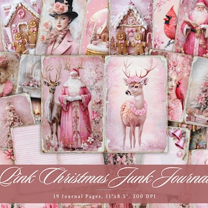Carnet rose de Noël, éphémères imprimables de Noël hiver, pages shabby chic vintage, feuille de collage de scrapbooking, technique mixte de fond