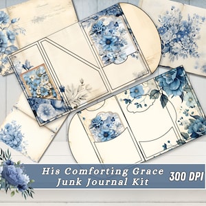 His Comforting Grace Junk Journal Kit, Blue Floral Flower Printable Ephemera, Digital Scrapbooking Paper, Mixed Media Collage, ATC Cards