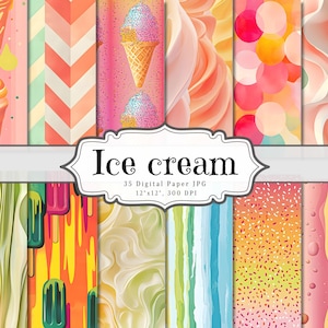 Ice Cream Digital Paper Pack Printable Summer Scrapbook Sheets Junk Journal Pages Ephemera Pattern Canva Template PNG PDF Background