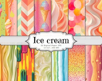 Ice Cream Digital Paper Pack Printable Summer Scrapbook Sheets Junk Journal Pages Ephemera Pattern Canva Template PNG PDF Background
