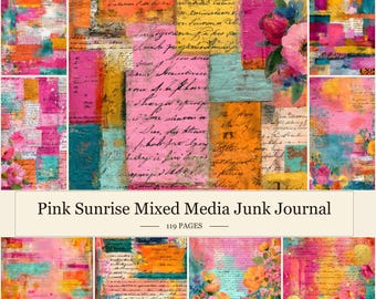 119 páginas imprimibles de técnica mixta Pink Sunrise para diario creativo / Kit de efímeros vintage abstractos / Paquete de papel para diario de scrapbooking artístico