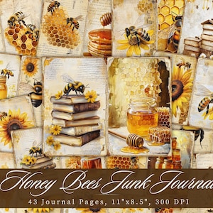 Diario basura de abejas, páginas imprimibles de girasoles, hoja de collage de polen de abeja, papel de técnica mixta con fondo vintage ATC